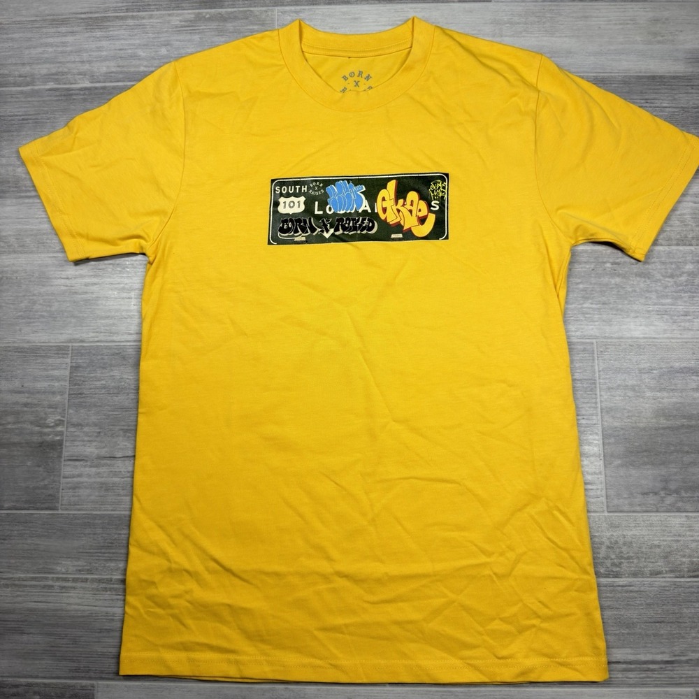 Born X Raised Yellow T-Shirt Men's Small With Graphics 100% Cotton Graffiti NWOT